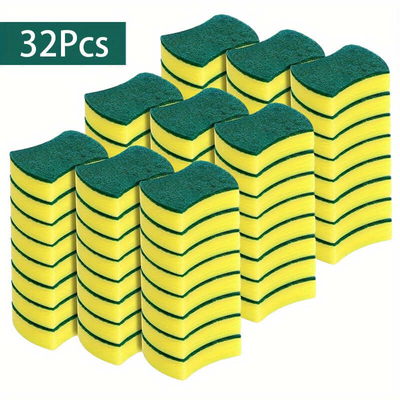 32 pack of multifunctional cleaning sponges in yellow and green, super absorbent for effective kitchen cleaning.