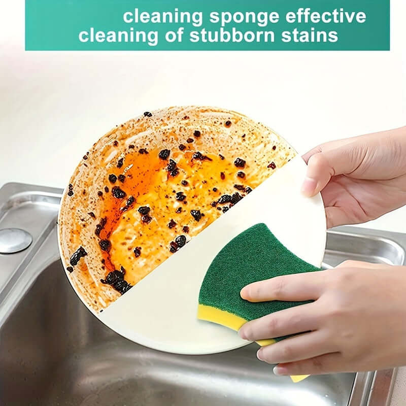 Multifunctional cleaning sponge tackling stubborn stains on a plate near the sink, showcasing its super absorbent capability.