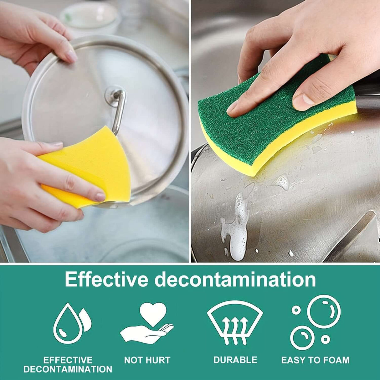 Multifunctional cleaning sponge demonstrating effective decontamination while cleaning dishes in the kitchen.