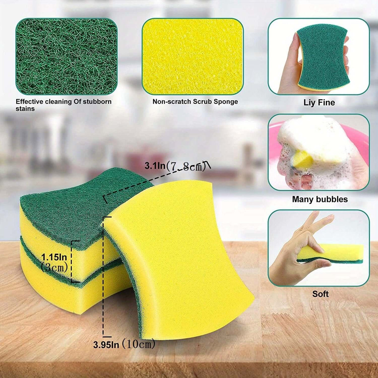 Multifunctional cleaning sponge with non-scratch scrub surface for effective stain removal in the kitchen, size and features highlighted.