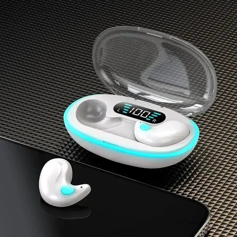 NEW X55 wireless sleep earphones in charging case, showcasing digital display and light design for noise reduction.