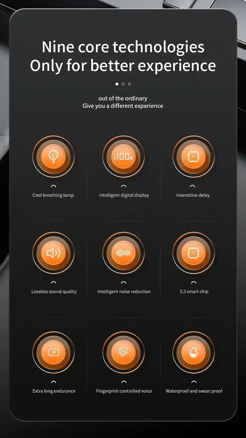 Overview of nine core technologies for enhanced experience, including noise reduction and waterproof features.