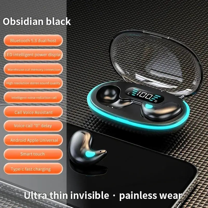 NEW X55 Wireless Sleep Earphones in Obsidian Black with Bluetooth 5.3, noise reduction, and fast charging features.
