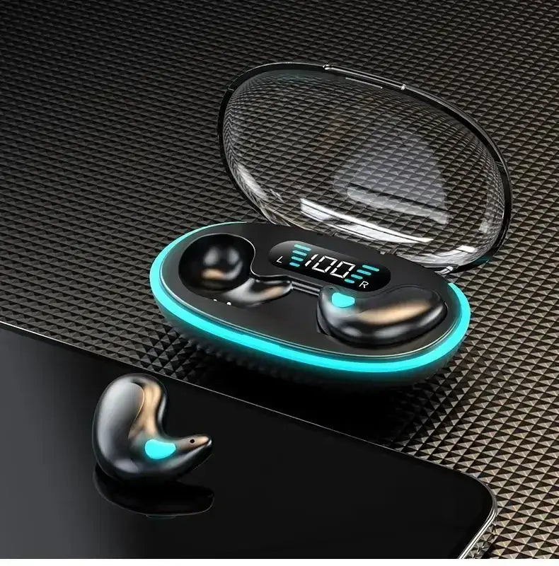 New X55 wireless sleep earphones in charging case with LED display showcasing battery level and sleek design.