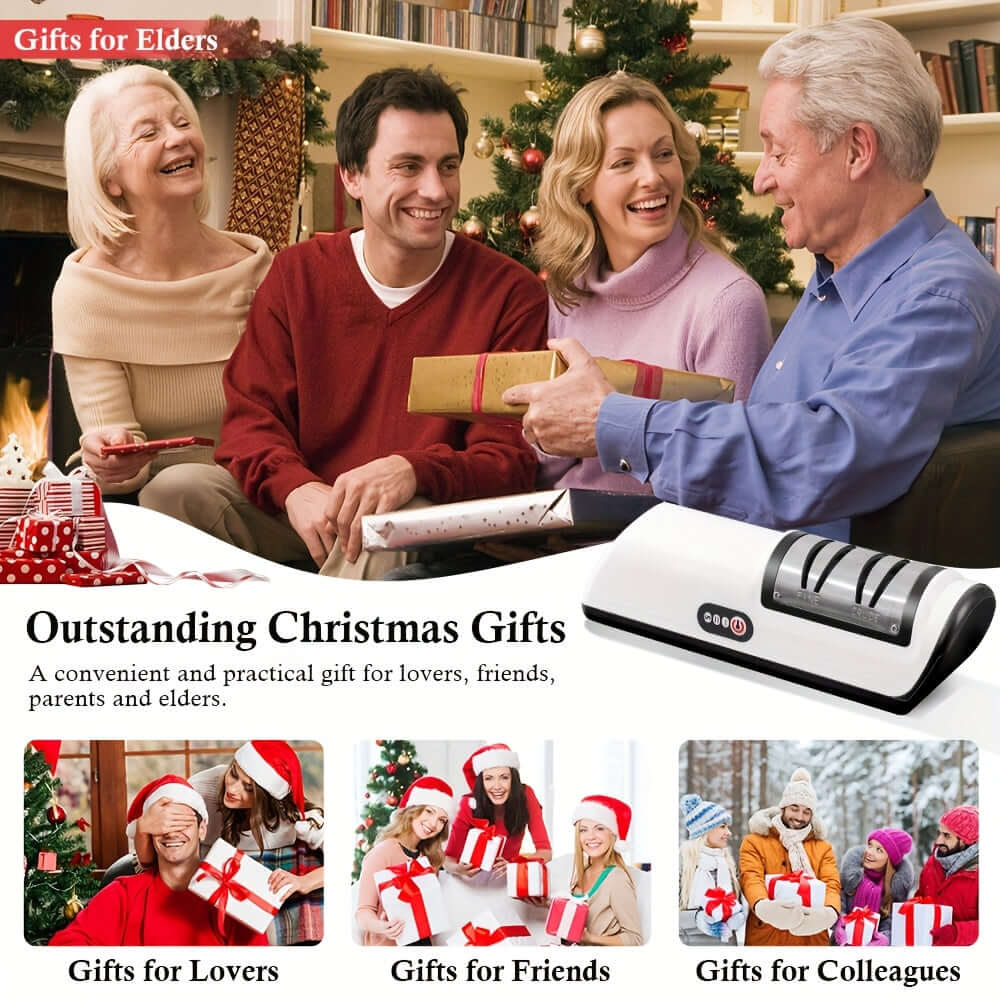 Happy family celebrating Christmas with gifts, showcasing a 2-stage electric knife sharpener as a perfect present.