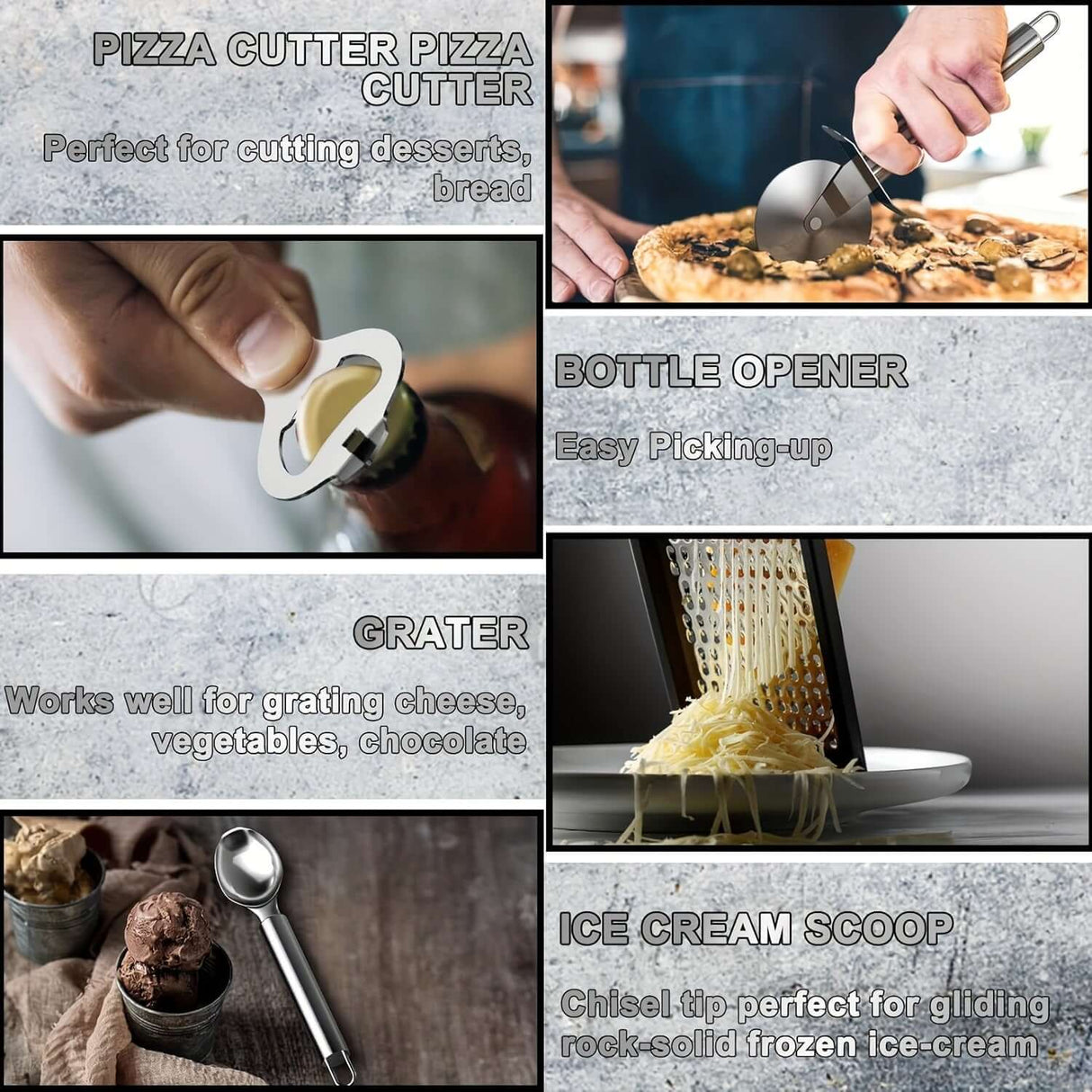 Collage of kitchen tools: pizza cutter for desserts, bottle opener, grater, and ice cream scoop for culinary tasks.