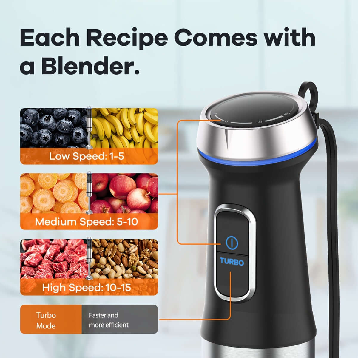 8 In 1 immersion blender with speed settings for blending fruits and vegetables efficiently, featuring Turbo mode for quick results.
