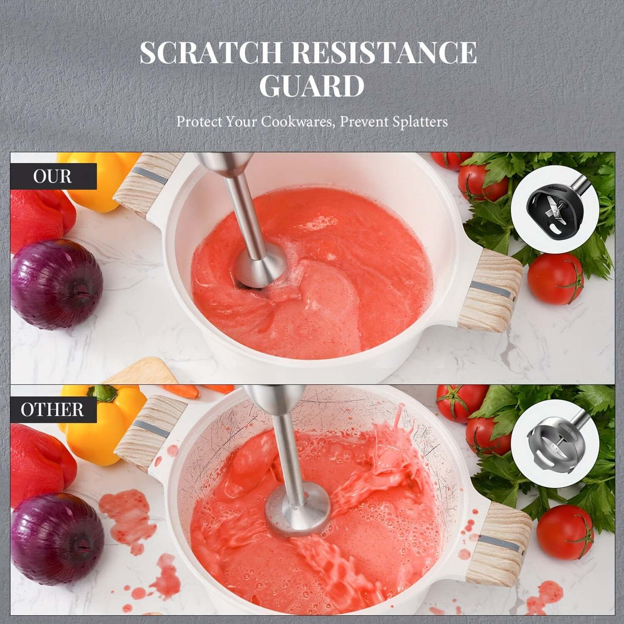 Comparison of GDOR immersion blender's scratch resistance guard, showcasing splatter protection for cookware.