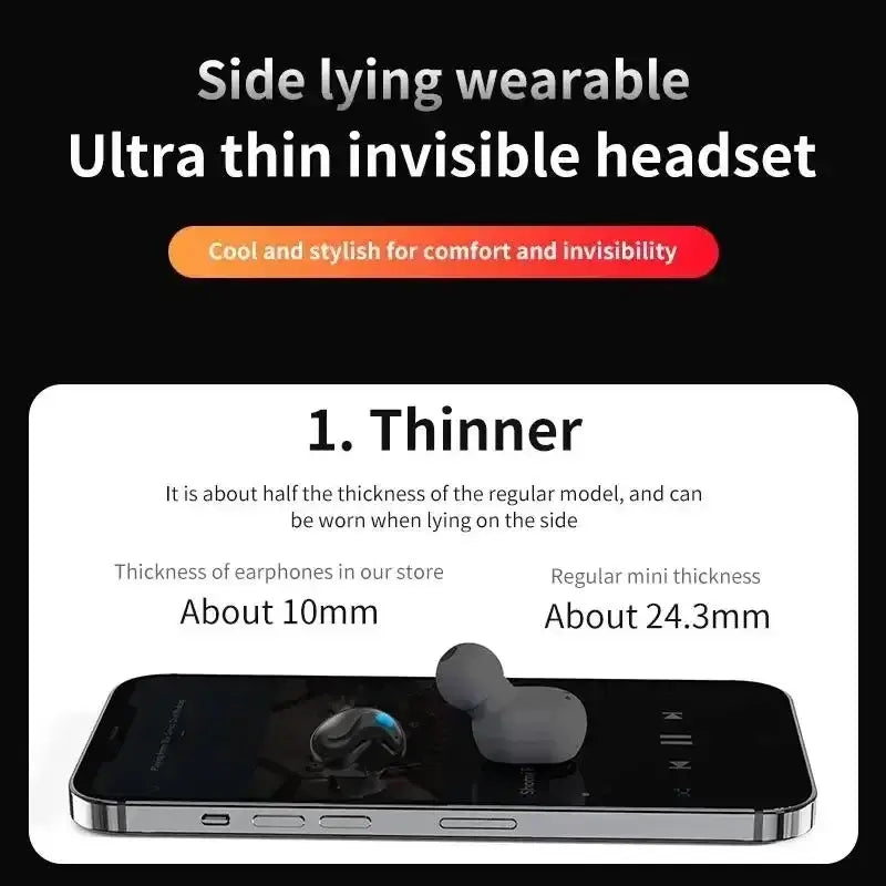 Ultra thin invisible headset with side-lying design, showcasing earphones' thickness compared to a regular model.