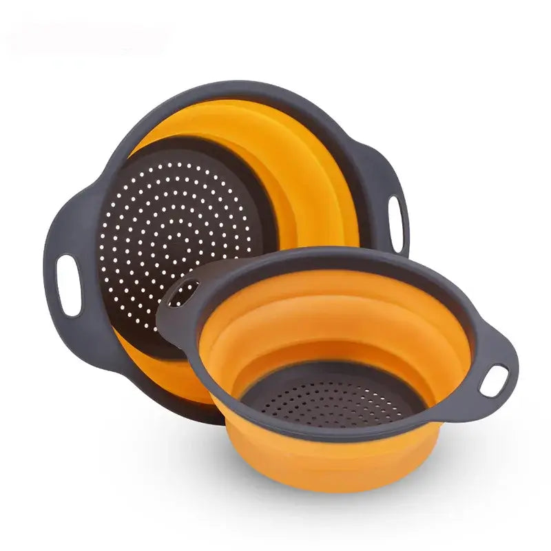 Silicone fruit and vegetable cleaning basket set with collapsible design, eco-friendly material, and perforated strainers.