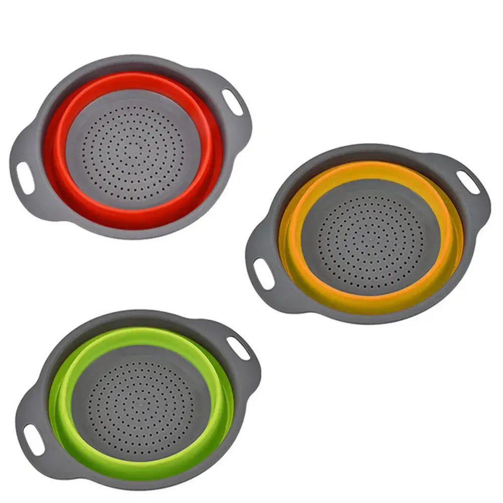 Silicone fruit and vegetable cleaning baskets in red, yellow, and green, eco-friendly and collapsible design.