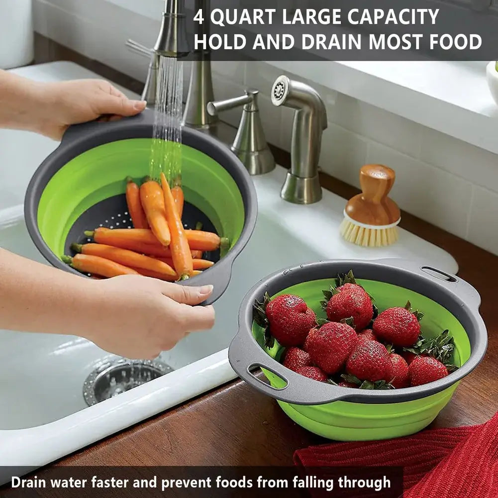 Eco-friendly silicone fruit and vegetable cleaning basket, collapsible colander in use holding carrots and strawberries.