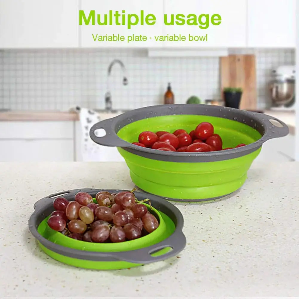 Silicone fruit and vegetable cleaning basket in multiple stylish green bowls, ideal for eco-friendly washing and serving.