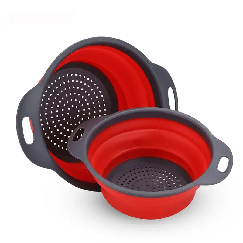 Silicone fruit and vegetable cleaning basket in red and gray, eco-friendly, collapsible colander for easy washing.