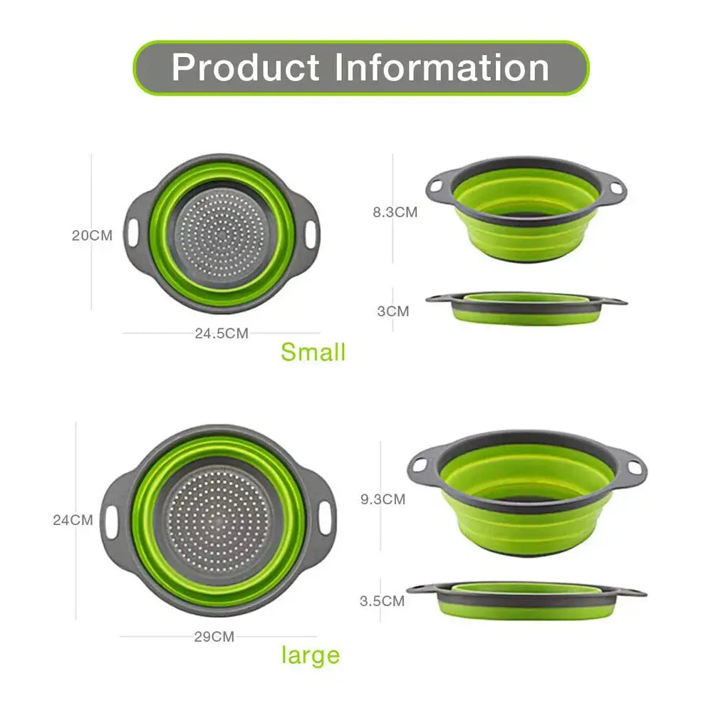 Silicone fruit and vegetable cleaning baskets, featuring collapsible design and eco-friendly materials, displaying size info.