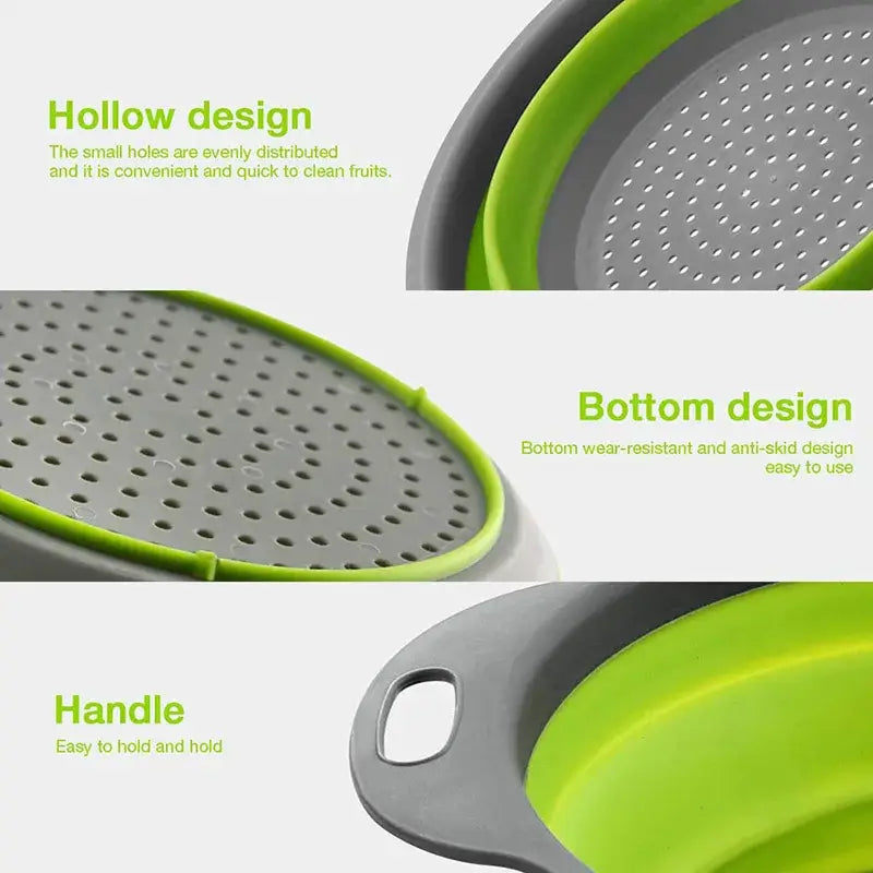 Silicone fruit and vegetable cleaning basket featuring a hollow design, wear-resistant bottom, and ergonomic handle.
