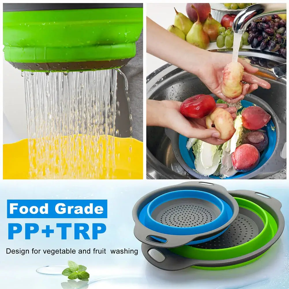 Silicone fruit and vegetable cleaning basket with collapsible design for eco-friendly washing, featuring food-grade materials.