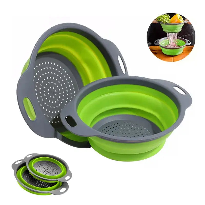 Eco-friendly silicone fruit and vegetable cleaning basket, collapsible colander, green and gray design.