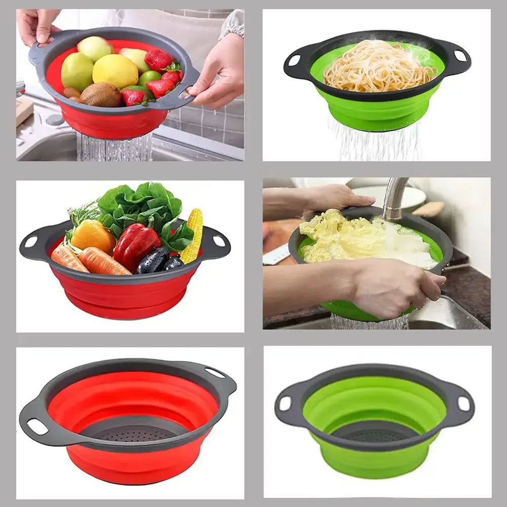 Silicone fruit and vegetable cleaning basket, eco-friendly, collapsible colander for washing fruits and vegetables in various colors.