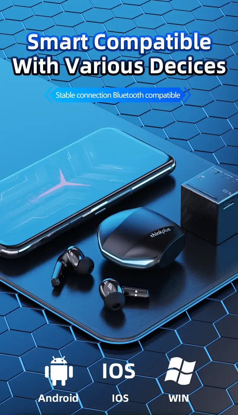 Lenovo GM2 Pro Bluetooth 5.3 earphones displayed with smartphone showing compatibility with Android, iOS, and Windows.