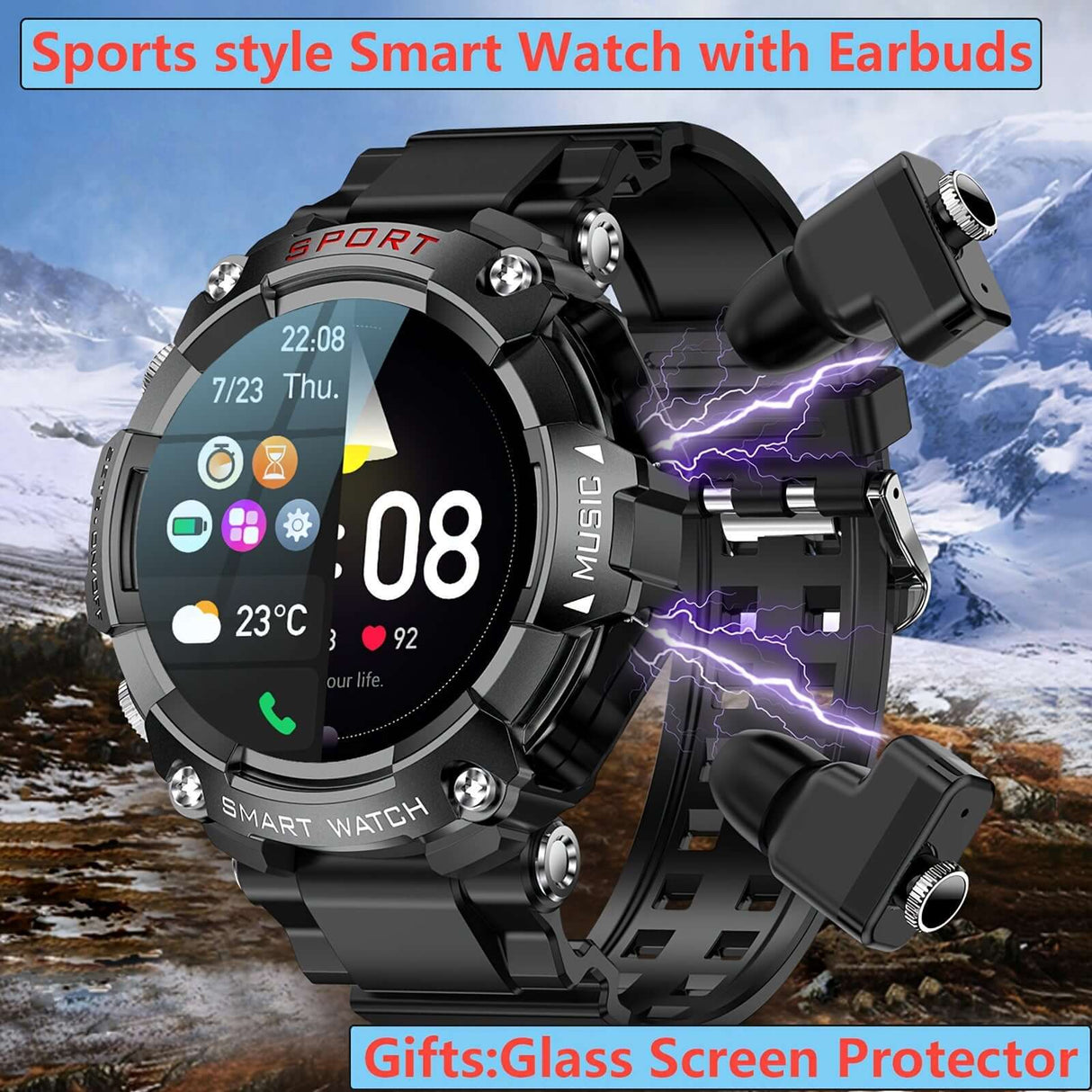 Sports style Smart Watch with wireless earbuds and glass screen protector, perfect for fitness enthusiasts.