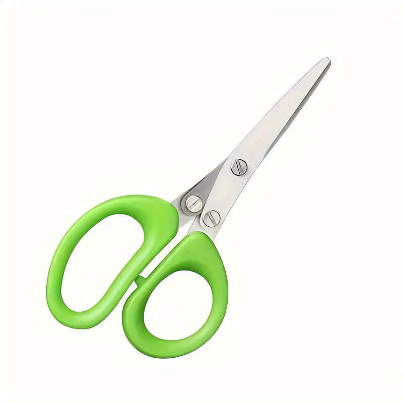 Durable stainless steel kitchen scissors with green ergonomic handles, ideal for food contact and ambidextrous use.