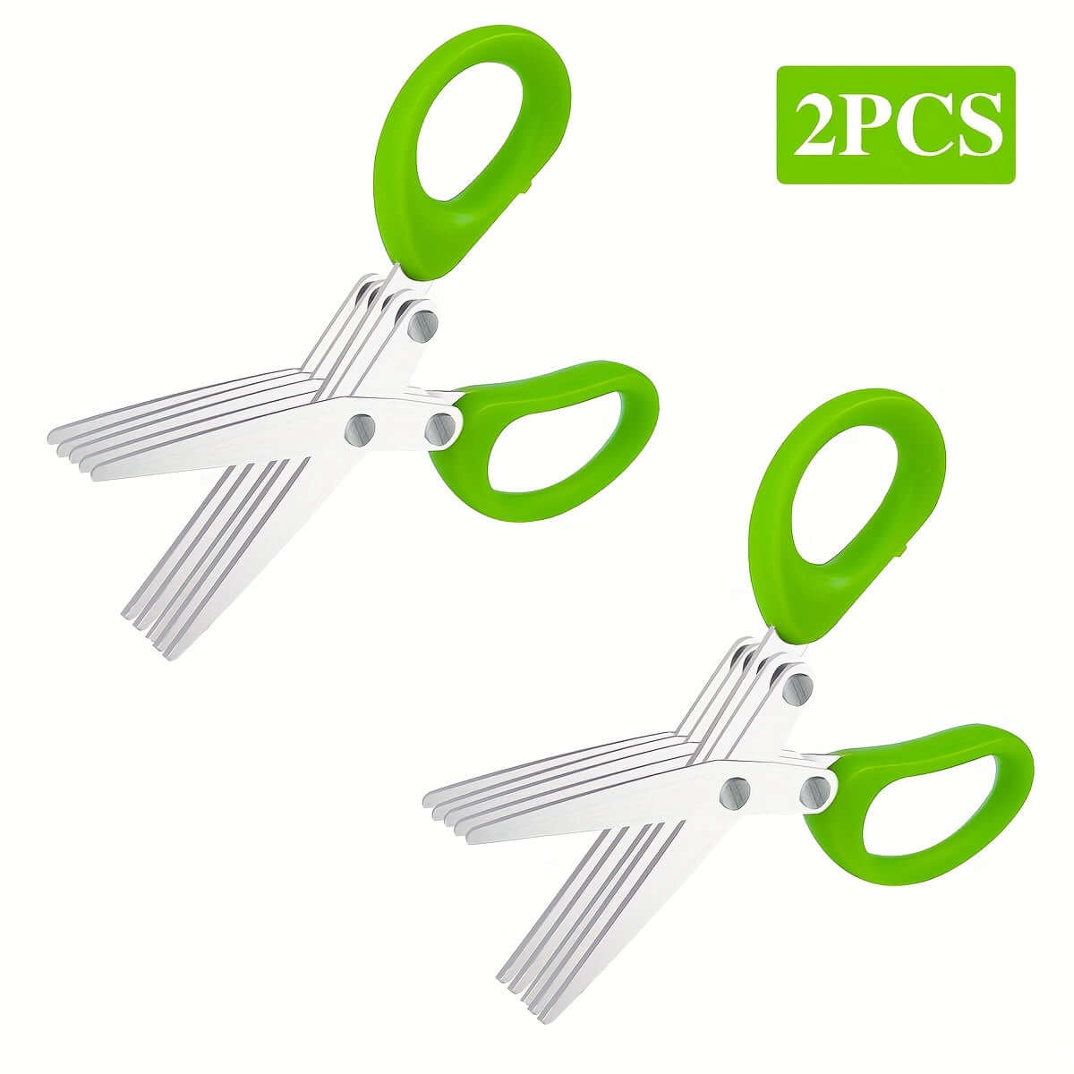 Durable stainless steel kitchen scissors set of 2 with ambidextrous green handles, perfect for food contact and versatile use.