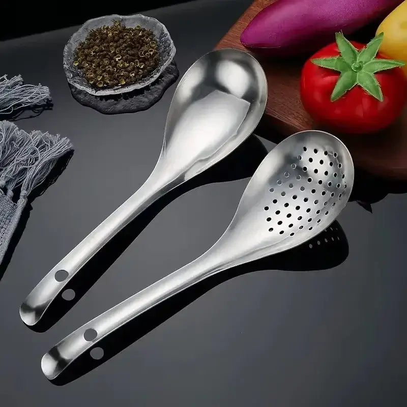Stainless steel strainer spoon set, ideal kitchen colander tool for draining, cooking, and serving food.