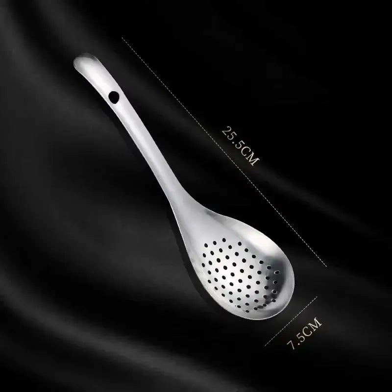 Stainless steel strainer spoon with measurements, perfect for kitchen use and cooking, durable colander tool.