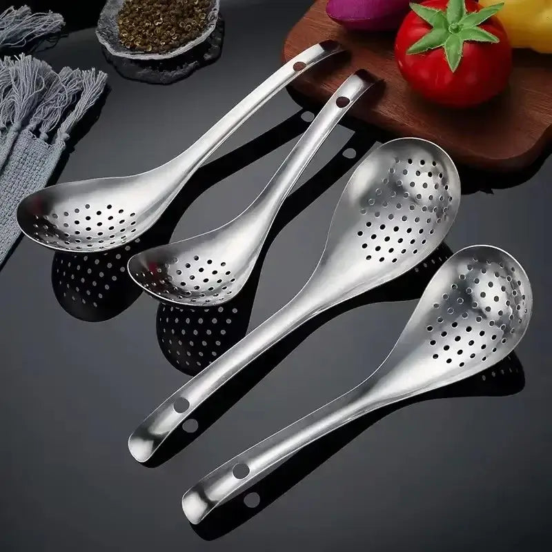 Set of four stainless steel strainer spoons, perfect for draining and serving in the kitchen.
