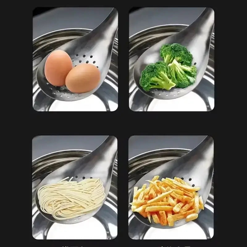 Stainless steel strainer spoon showcasing eggs, broccoli, pasta, and fries for versatile kitchen use.