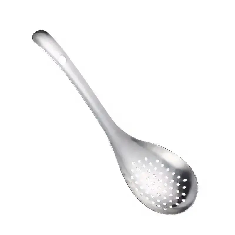 Stainless steel strainer spoon for kitchen use, ideal colander tool for draining and serving food.