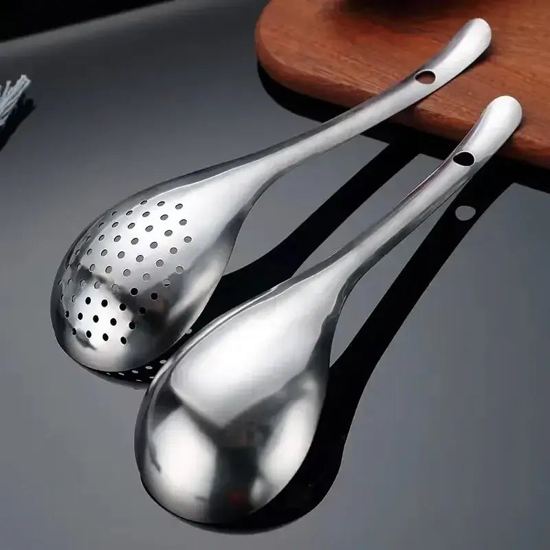Stainless steel strainer spoon set, ideal kitchen colander tool for draining and serving food.