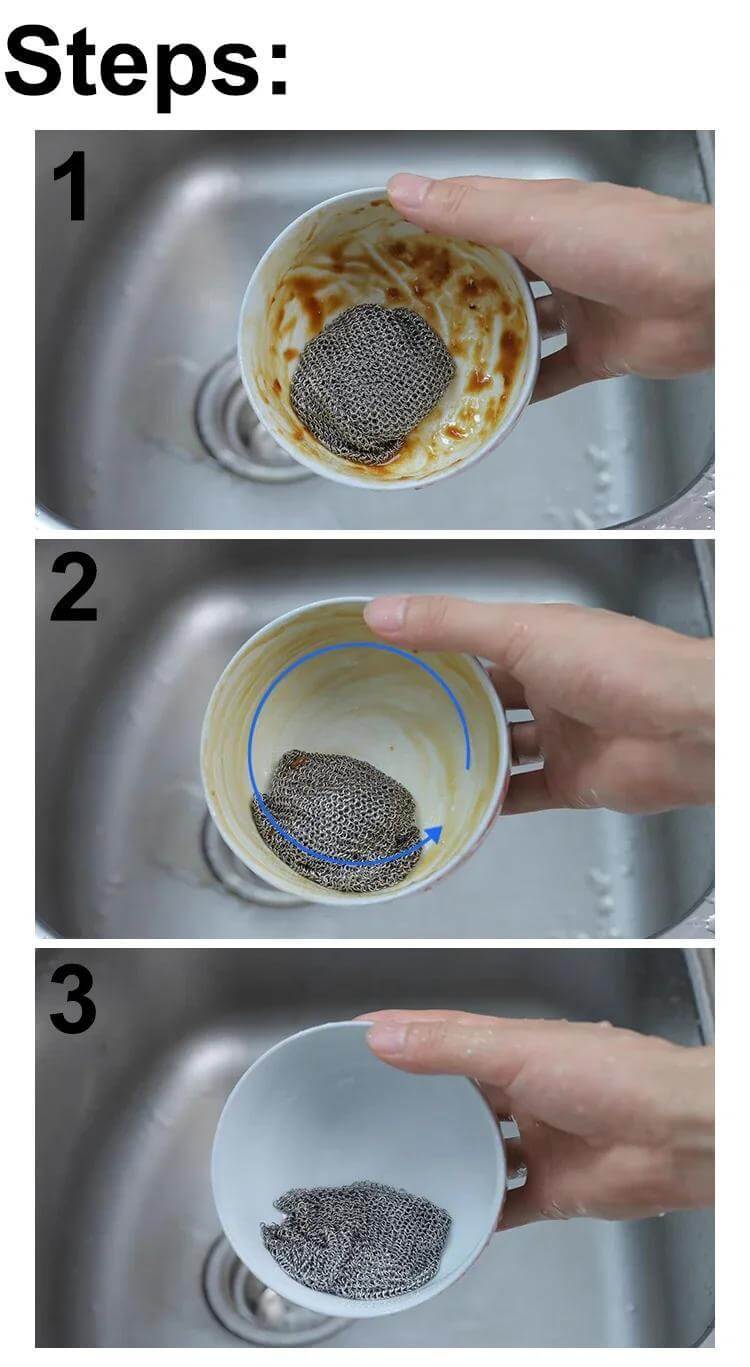 Step-by-step guide showing the use of a non-stick oil iron dishwashing cloth for cleaning a bowl.