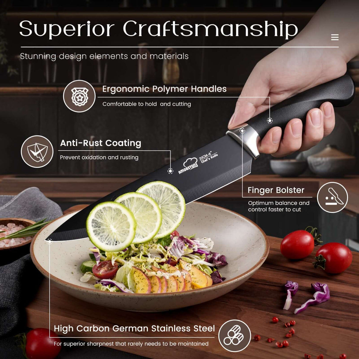 Amorston kitchen knife showcasing ergonomic handle, anti-rust coating, and high carbon stainless steel for superior craftsmanship.