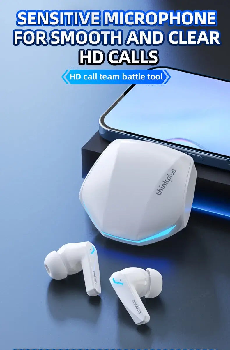 Wireless earbuds with sensitive microphone for clear HD calls, showcased alongside a smartphone on a stylish surface.