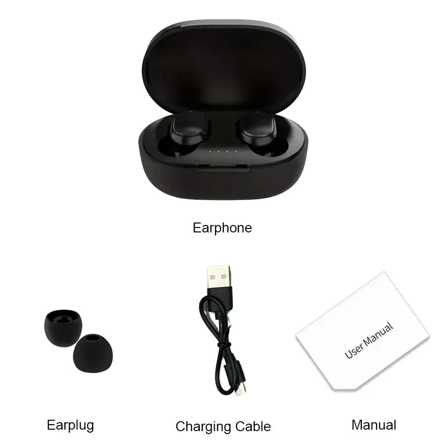 TWS A6S Wireless Noise Cancelling Bluetooth Earbuds with earplugs, charging cable, and user manual.