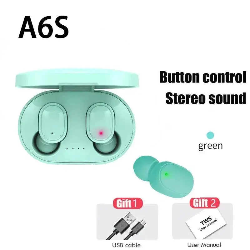 TWS A6S wireless earbuds in charging case, featuring button control, stereo sound, and accessories including USB cable and manual.