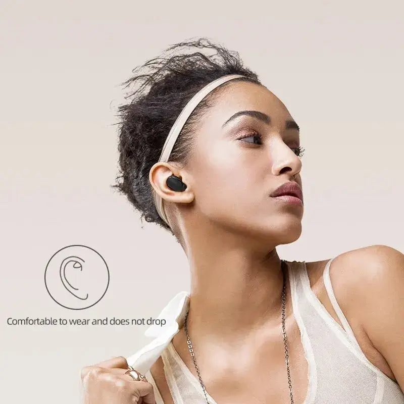 Model showcasing TWS A6S wireless noise-cancelling Bluetooth earbuds, highlighting comfort and secure fit.