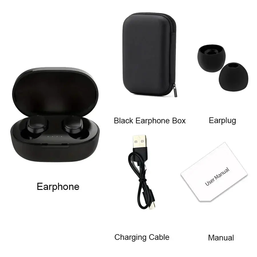 TWS A6S wireless earbuds with black charging case, earplugs, charging cable, and user manual.