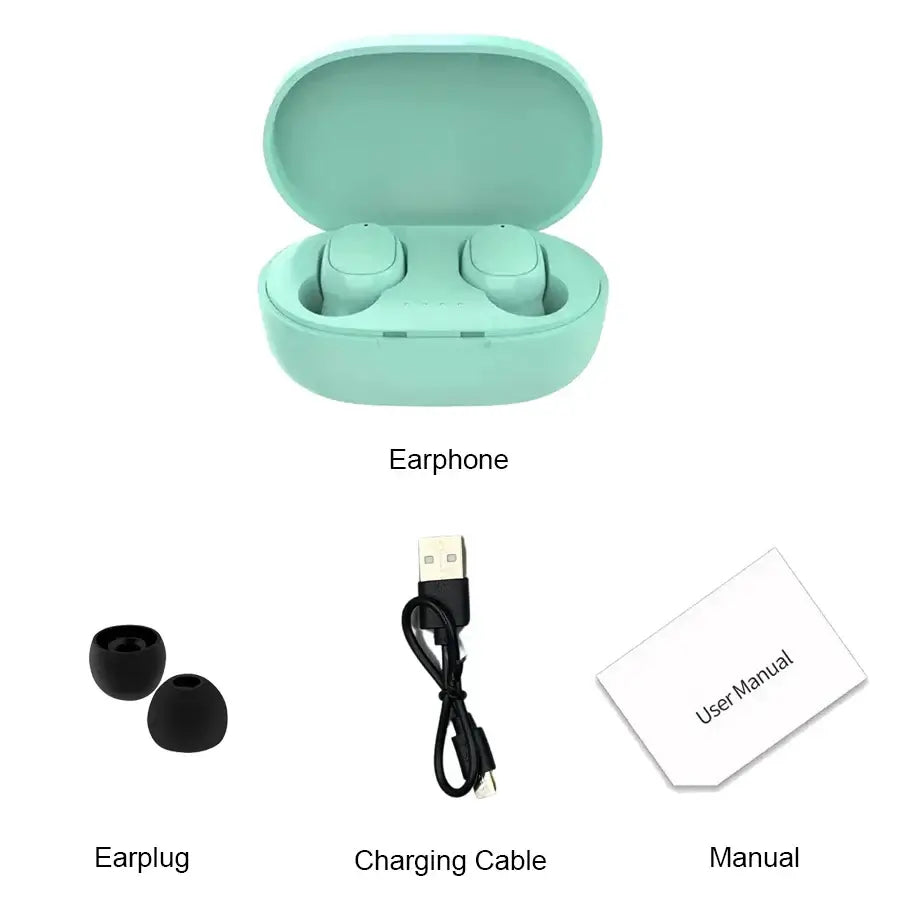 TWS A6S Wireless Bluetooth Earbuds with charging case, earplugs, charging cable, and user manual.