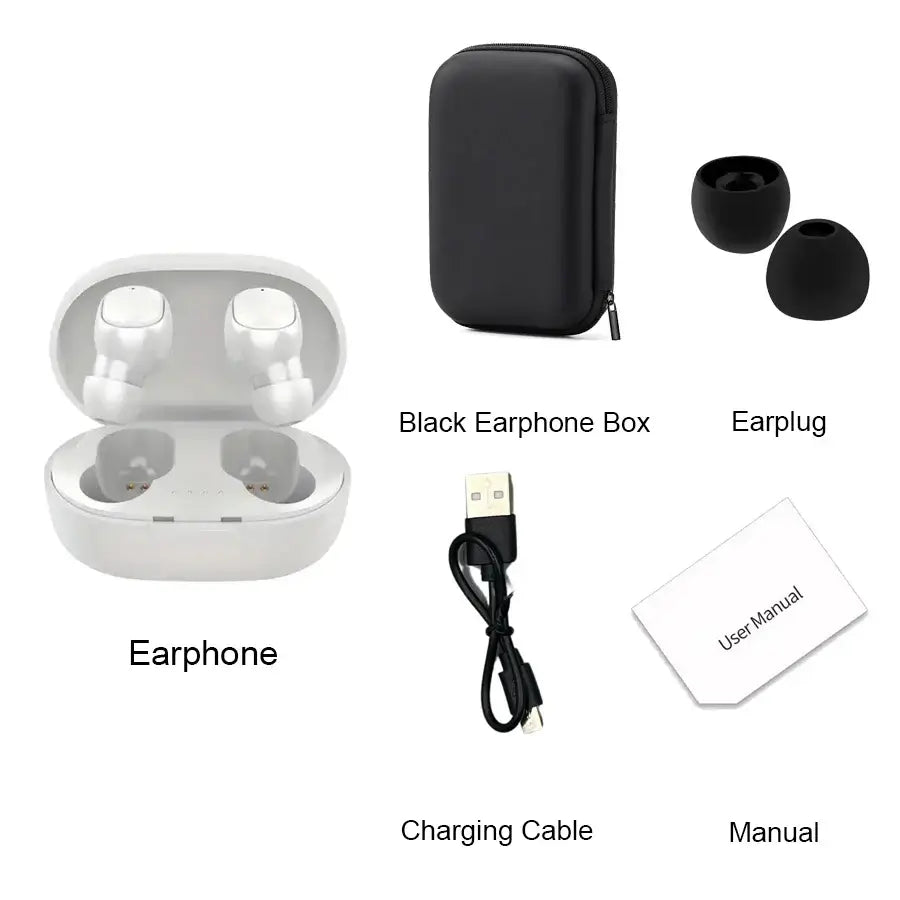 TWS A6S Wireless Noise Cancelling Bluetooth Earbuds with charging case, earplugs, cable, and manual.