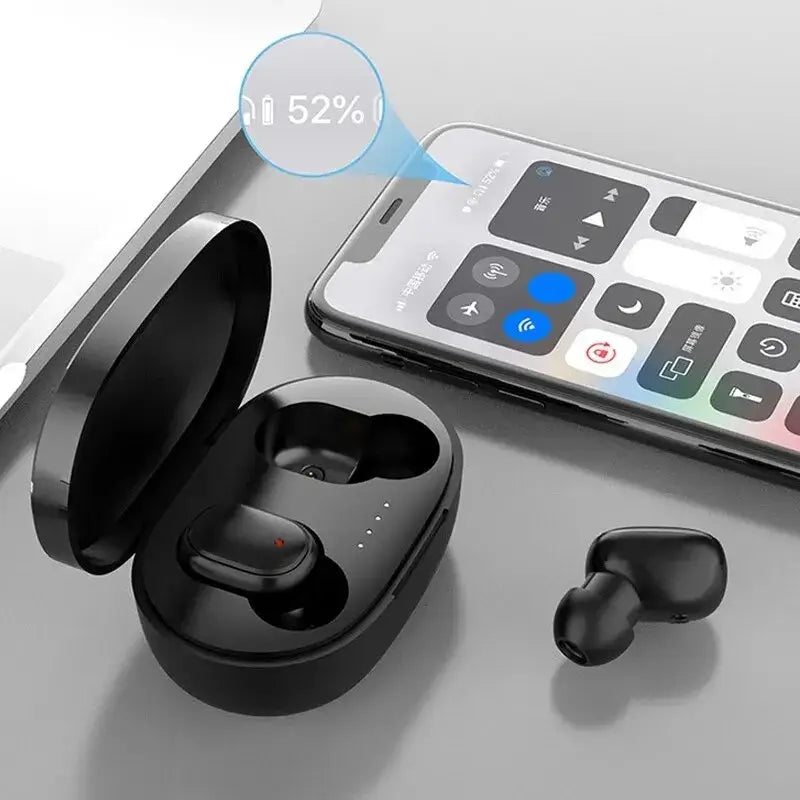 TWS A6S wireless Bluetooth earbuds charging case with smartphone, showcasing battery level at 52%.