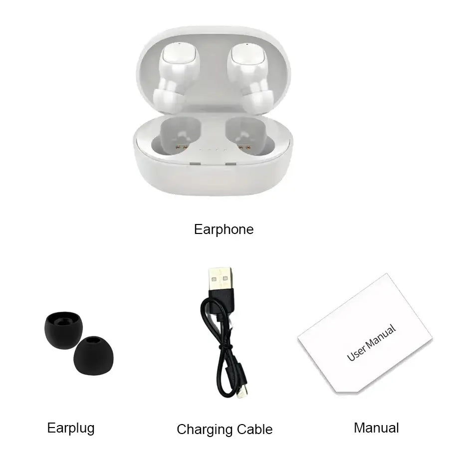 Wireless Bluetooth earbuds with charging case, earplugs, charging cable, and user manual.