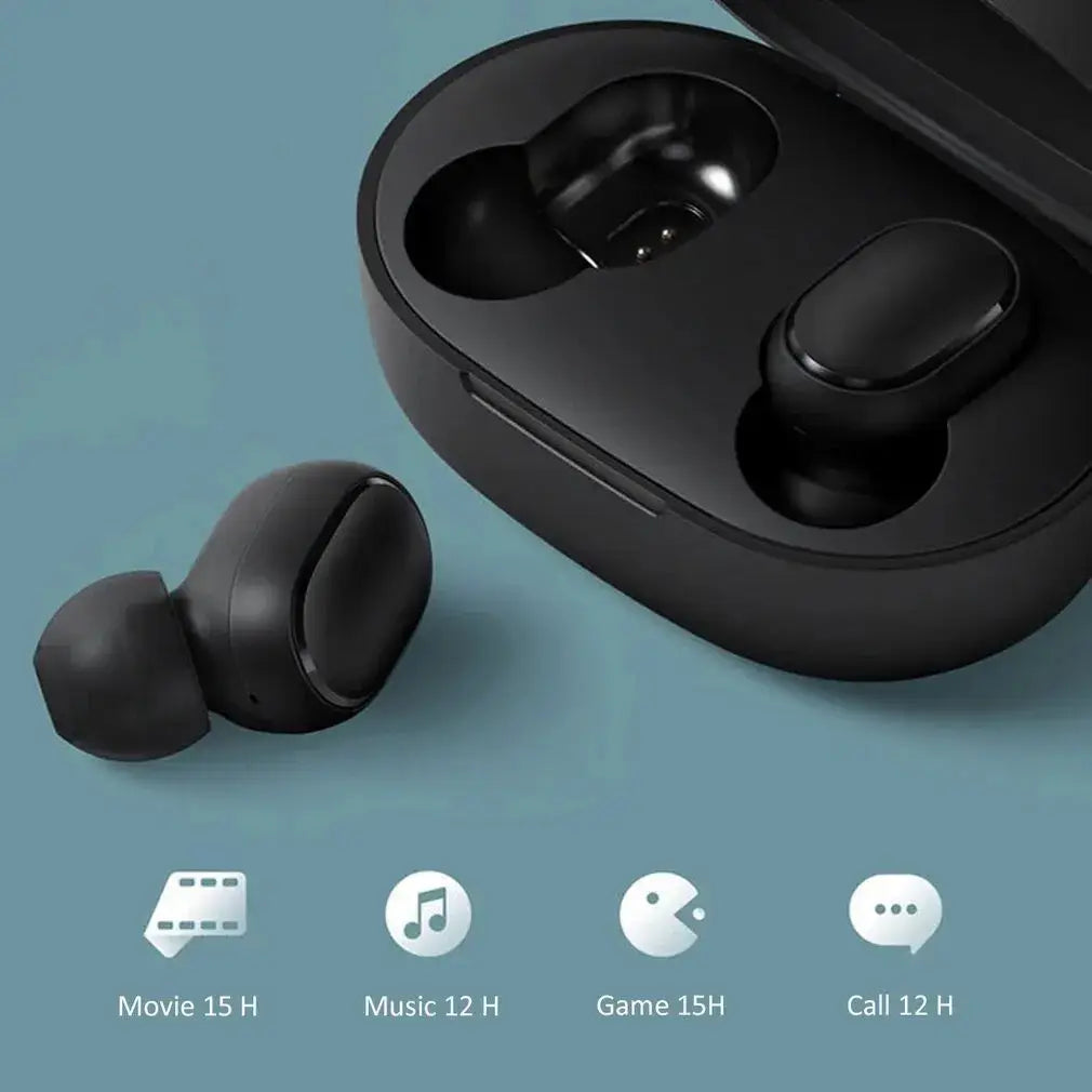 TWS A6S wireless noise cancelling Bluetooth earbuds in charging case with icons for movie, music, game, and call durations.