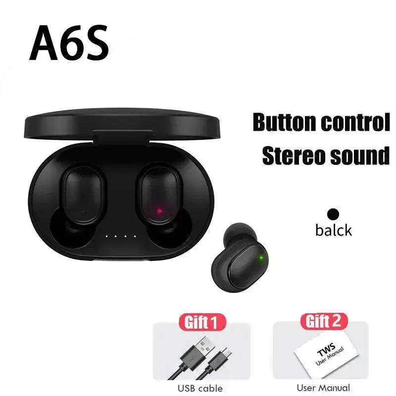 TWS A6S wireless Bluetooth earbuds with button control and stereo sound, includes USB cable and user manual.
