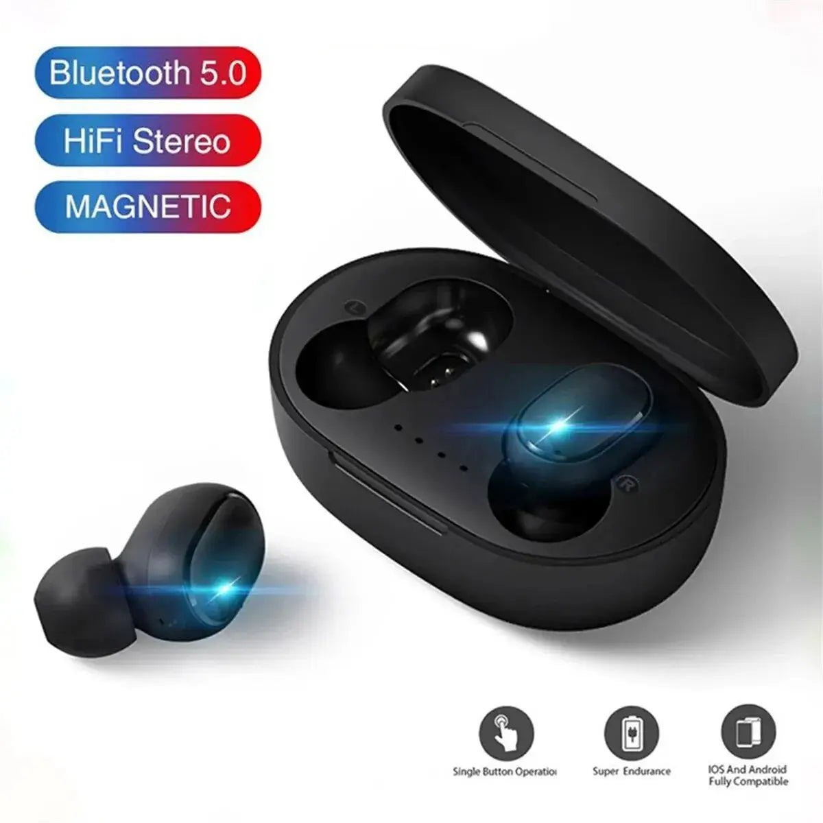 TWS A6S Wireless Noise Cancelling Bluetooth Earbuds in a charging case with Bluetooth 5.0 and HiFi stereo sound.