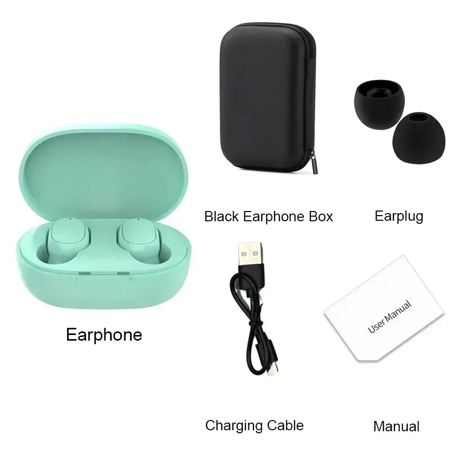 TWS A6S wireless noise cancelling Bluetooth earbuds with case, charging cable, earplugs, and user manual.