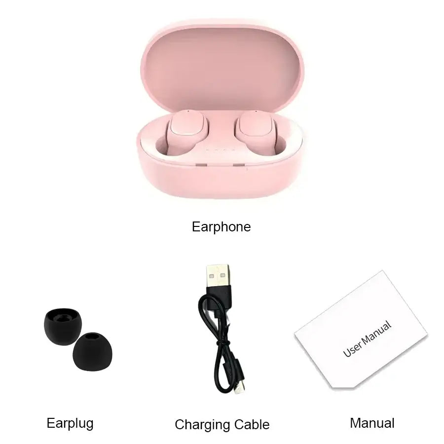 Pink TWS A6S wireless earbuds in charging case with earplugs, charging cable, and user manual.