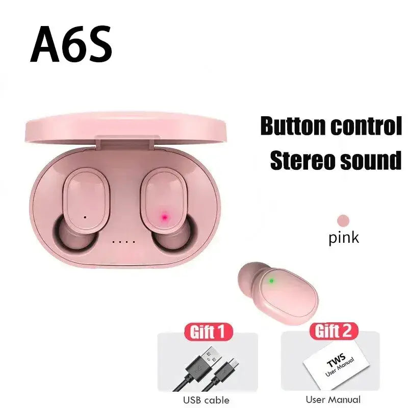 TWS A6S wireless earbuds in pink with button control, stereo sound, USB cable, and user manual included.